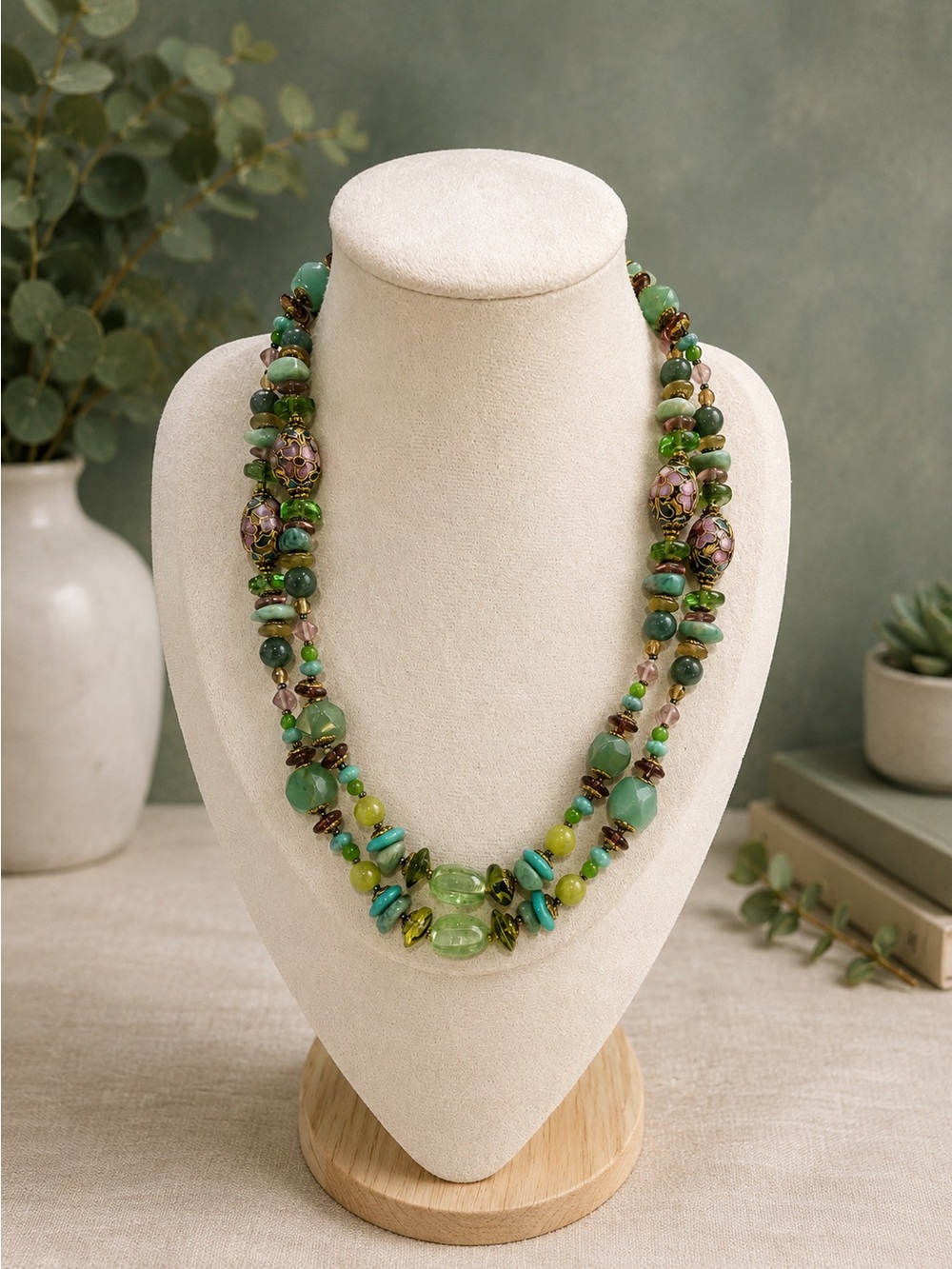 Artisan Made Cloisonné, Gemstone & Glass Bead Necklace